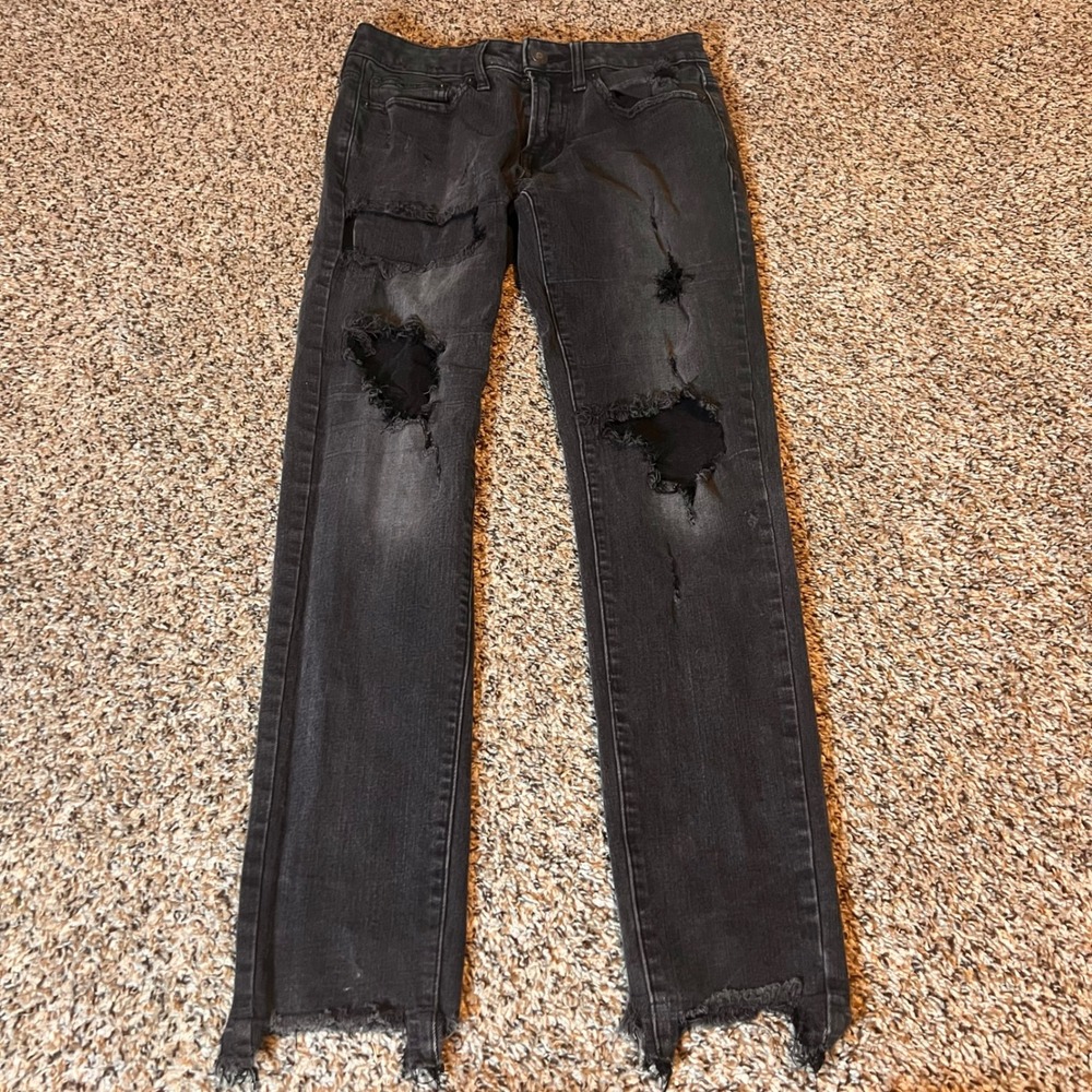 American Eagle Outfitters‎ Womens Skinny Jeans Black Extreme Flex Distressed Hem